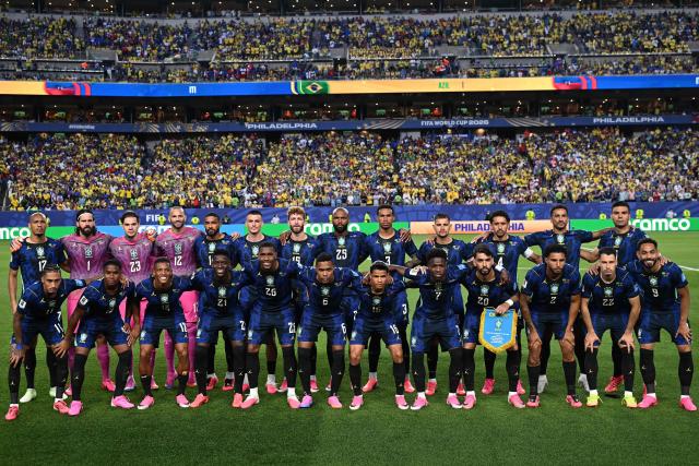 Brazil's palyers pose for a team photo ahead of the 2026 World Cup Group C football match between Brazil and Haiti at the Philadelphia Stadium in Philadelphia on June 19, 2026.  (Photo by Mauro PIMENTEL / AFP)