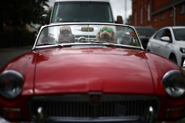 Man and dog drive  pass the racecourse on the fifth day of the Royal Ascot horse racing meeting in Ascot, west of London, on June 20, 2026. (Photo by Henry Nicholls / AFP)