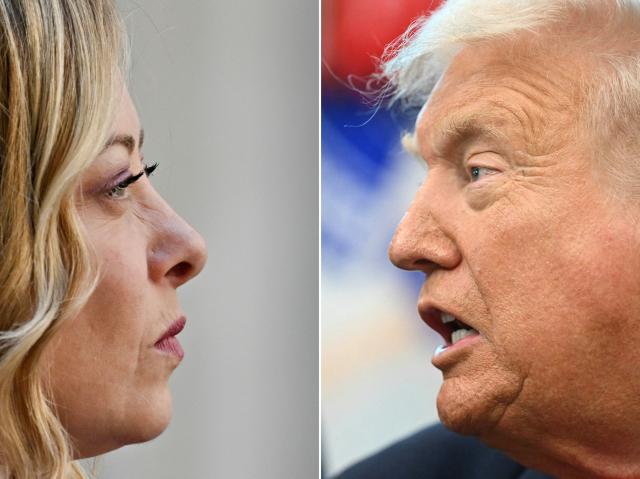 (FILES) (COMBO) This combination of file pictures created on April 14, 2026 shows Italy's Prime Minister Giorgia Meloni looking on as she greets Thailand's Prime Minister at the Chigi Palace, Italy's Prime Minister residence, in Rome on May 21, 2024 (L) and US President Donald Trump speaking after signing a presidential proclamation honouring the 90th anniversary of the Social Security Act in the Oval Office of the White House in Washington, DC on August 14, 2025 (R). Trump insists on June 20, 2026 Italian PM Meloni 'asked, over and over' for photo with him at G7. (Photo by Andreas SOLARO and Mandel NGAN / AFP)