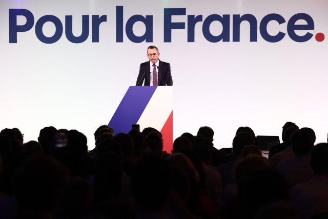 Les Republicains (LR) right wing party president and candidate for the 2027 presidential election Bruno Retailleau delivers a speech during his political rally to launch his presidential campaign at the Parc Floral de Paris at the Vincennes woods, eastern Paris, on June 20, 2026. Retailleau will attempt during his first major meeting in Paris to "broaden" his conservative base, which is stagnating at 9% in the polls, and to give an image of unity, despite dissenting voices and leading figures who are currently giving him the benefit of the doubt. (Photo by Guillaume BAPTISTE / AFP)