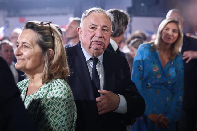 French Senator Sophie Primas (L) and President of the French Senate Gerard Larcher and French Senator Agnes Evren attend a political rally of the President of French right-wing party Les Republicains (LR) to launch his presidential campaign at the Parc Floral de Paris at the Vincennes woods, eastern Paris, on June 20, 2026. Retailleau will attempt during his first major meeting in Paris to "broaden" his conservative base, which is stagnating at 9% in the polls, and to give an image of unity, despite dissenting voices and leading figures who are currently giving him the benefit of the doubt. (Photo by Guillaume BAPTISTE / AFP)