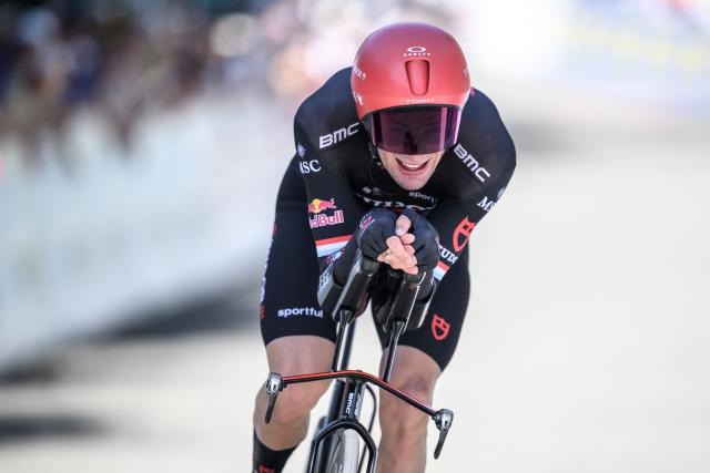 Tudor Pro Cycling Team's Luxembourgish rider Arthur Kluckers competes during the fourth stage, a 23,7 km time trial from Aarburg to Aarburg, at the Men’s Tour of Switzerland (Tour de Suisse) cycling race in Aarburg, on June 20, 2026. (Photo by Fabrice COFFRINI / AFP)