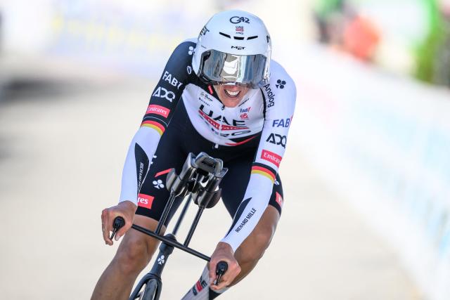 UAE Team Emirates-XRG's German rider Nils Politt competes during the fourth stage, a 23.7 km time trial from Aarburg to Aarburg, at the Men's Tour of Switzerland (Tour de Suisse) cycling race in Aarburg, Switzerland, on June 20, 2026. (Photo by Fabrice COFFRINI / AFP)