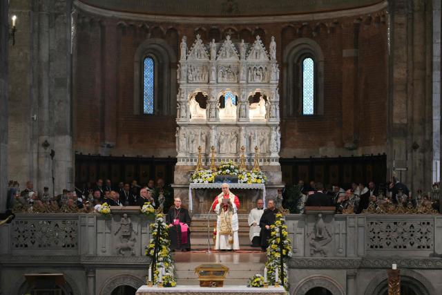 Pope Leo XIV speaks at the Augustinian Basilica of St. Peter in the Golden Sky (Basilica di San Pietro in Ciel d’Oro) as part of a pastoral visit in Pavia on June 20, 2026. (Photo by Marco BERTORELLO / AFP)