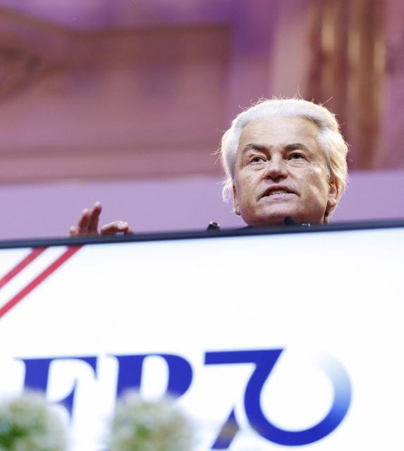 Geert Wilders, leader of the Netherlands' far-right Party for Freedom (PVV), gives a speech during an event to mark 70 years of Austria's anti-immigration, far-right Freedom Party (FPOe) in Vienna, Austria, on June 20, 2026. (Photo by TOBIAS STEINMAURER / APA / AFP) / Austria OUT