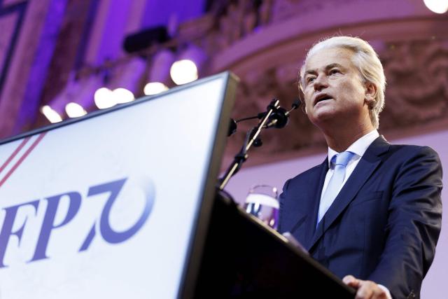 Geert Wilders, leader of the Netherlands' far-right Party for Freedom (PVV), gives a speech during an event to mark 70 years of Austria's anti-immigration, far-right Freedom Party (FPOe) in Vienna, Austria, on June 20, 2026. (Photo by TOBIAS STEINMAURER / APA / AFP) / Austria OUT