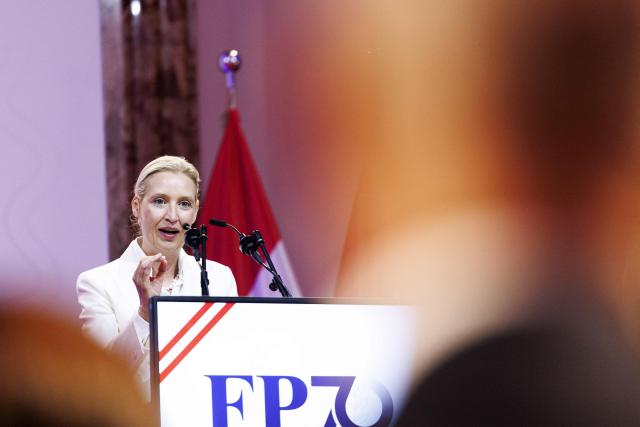 Alice Weidel, co-leader of Germany's far-right Alternative for Germany (AfD) party, gives a speech during an event to mark 70 years of Austria's anti-immigration, far-right Freedom Party (FPOe) in Vienna, Austria, on June 20, 2026. (Photo by TOBIAS STEINMAURER / APA / AFP) / Austria OUT