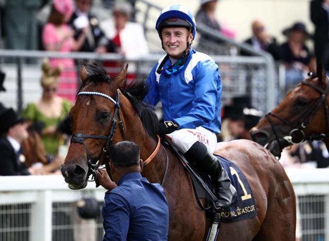 Jockey Tom Marquand celebrates on Almeraq after riding to win the Queen Elizabeth II Jubilee Stakes horse race on the fifth day of the Royal Ascot horse racing meeting in Ascot, west of London, on June 20, 2026. (Photo by Henry NICHOLLS / AFP)