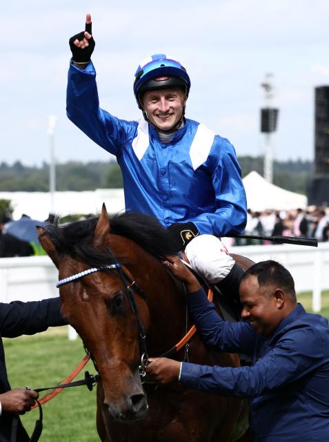 Jockey Tom Marquand celebrates on Almeraq after riding to win the Queen Elizabeth II Jubilee Stakes horse race on the fifth day of the Royal Ascot horse racing meeting in Ascot, west of London, on June 20, 2026. (Photo by Henry NICHOLLS / AFP)