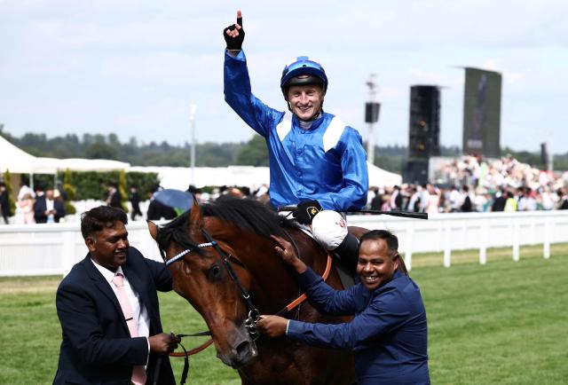 Jockey Tom Marquand celebrates on Almeraq after riding to win the Queen Elizabeth II Jubilee Stakes horse race on the fifth day of the Royal Ascot horse racing meeting in Ascot, west of London, on June 20, 2026. (Photo by Henry NICHOLLS / AFP)