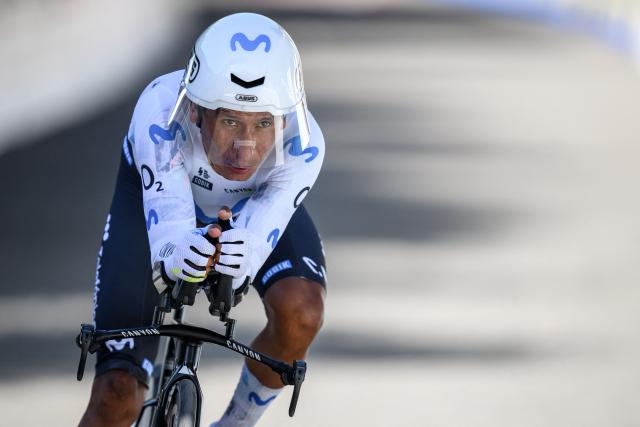 Movistar Team's Colombian rider Nairo Quintana competes during the fourth stage, a 23.7 km time trial from Aarburg to Aarburg, at the Men's Tour of Switzerland (Tour de Suisse) cycling race in Aarburg, Switzerland, on June 20, 2026. (Photo by Fabrice COFFRINI / AFP)