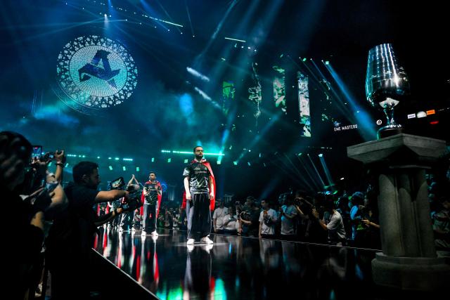 The Aurora Gaming team poses ahead at the semi final of the IEM Cologne Major 2026 Counter Strike tournament at the Lanxess Arena in Cologne, western Germany ob June 20, 2026. (Photo by Ina FASSBENDER / AFP)