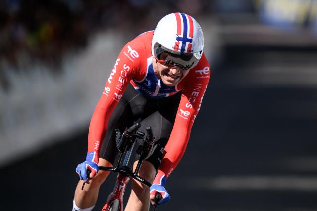 INEOS Grenadiers's Norwegian rider Tobias Foss competes during the fourth stage, a 23.7 km time trial from Aarburg to Aarburg, at the Men's Tour of Switzerland (Tour de Suisse) cycling race in Aarburg, Switzerland, on June 20, 2026. (Photo by Fabrice COFFRINI / AFP)