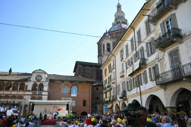 Pope Leo XIV meets with citizens at Piazza Vittoria during a pastoral visit in Pavia on June 20, 2026. (Photo by Marco BERTORELLO / AFP)