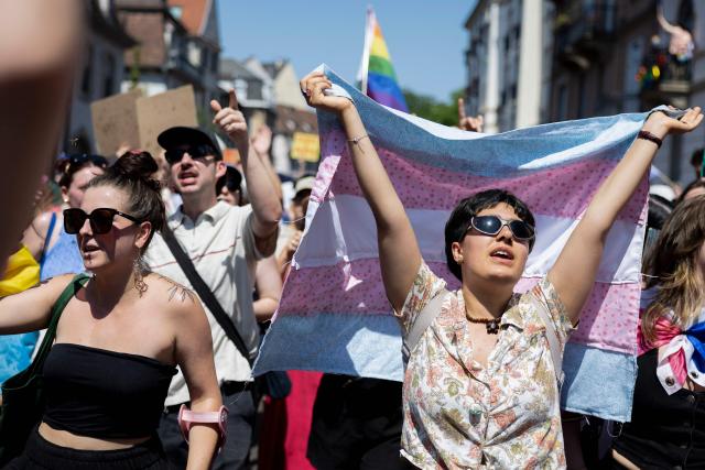 People take part in the annual Gay Pride parade, known in French as « La Marche des Fiertés LGBT+ », in Strasbourg, eastern France on June 20, 2026. (Photo by ROMEO BOETZLE / AFP)
