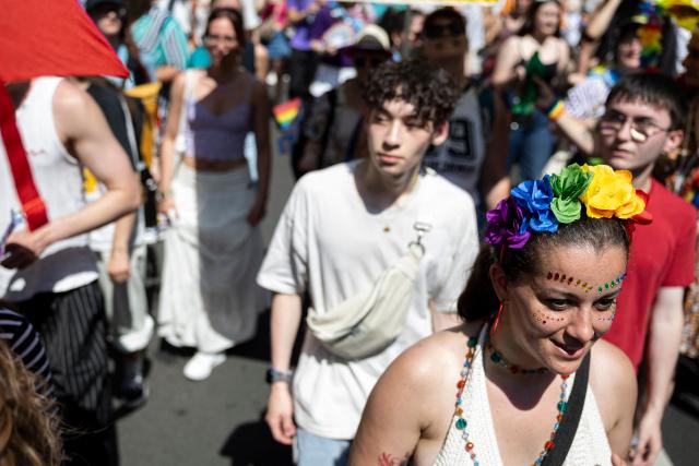 People take part in the annual Gay Pride parade, known in French as « La Marche des Fiertés LGBT+ », in Strasbourg, eastern France on June 20, 2026. (Photo by ROMEO BOETZLE / AFP)