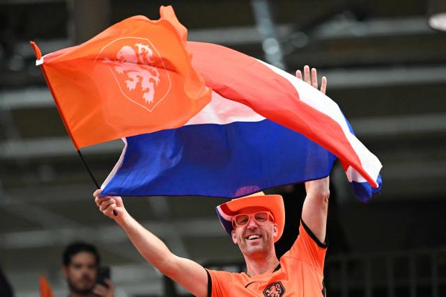 A Netherlands' supporter cheers ahead of the 2026 World Cup Group F football match between the Netherlands and Sweden at the Houston Stadium in Houston on June 20, 2026.  (Photo by RONALDO SCHEMIDT / AFP)