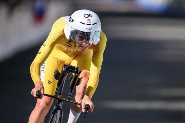 UAE Team Emirates-XRG's Slovenian rider Tadej Pogacar competes during the fourth stage, a 23.7 km time trial from Aarburg to Aarburg, at the Men's Tour of Switzerland (Tour de Suisse) cycling race in Aarburg, Switzerland, on June 20, 2026. (Photo by Fabrice COFFRINI / AFP)