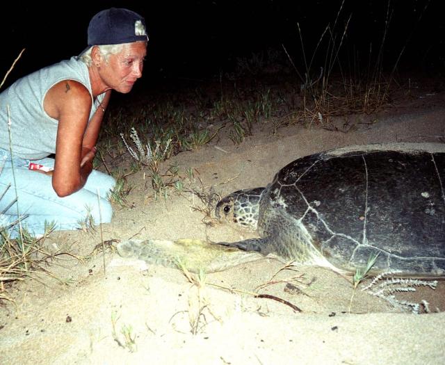 (FILES) Mona Khalil, a Lebanese ecologist activist looks at a turtle at a coast in the southern Lebanese port city of Tyre August 12, 2002. Activists and campaign groups onJune 20, 2026, paid tribute to Lebanese environmentalist Mona Khalil who died from injuries sustained in an Israeli strike in the country's south, where she dedicated her life to turtle conservation for decades. A medical source had previously told AFP that Khalil, aged in her late seventies, was badly wounded in an Israeli strike on June 4 that hit her home in the village of Mansouri, around 10 kilometres (six miles) south of the coastal city of Tyre. She died on June 19, 2026. (Photo by JIHAD SEQLAWI / AFP)