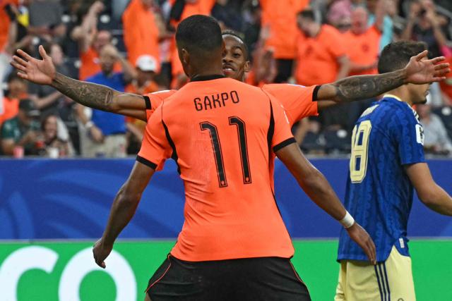 Netherlands' forward #11 Cody Gakpo (front) celebrates with teammates after scoring his team's fourth goal during the 2026 World Cup Group F football match between the Netherlands and Sweden at the Houston Stadium in Houston on June 20, 2026.  (Photo by RONALDO SCHEMIDT / AFP)
