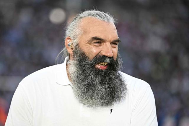 Former French rugby union player and TV commentator Sebastien Chabal reacts ahead of the French Top14 rugby union semi-final match between Montpellier Hérault Rugby and Stade Français at the Velodrome stadium in Marseille, southern France, on June 20, 2026. (Photo by Gabriel BOUYS / AFP)