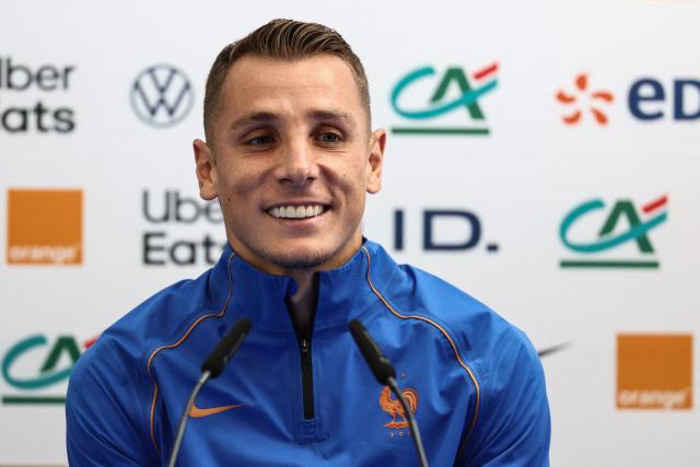 France's defender #03 Lucas Digne gives a press conference at Bentley University in Waltham, near Boston, on June 20, 2026, during the 2026 World Cup football tournament. (Photo by FRANCK FIFE / AFP)