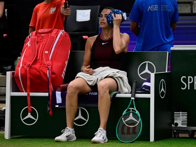 Belarus' Aryna Sabalenka takes a break during her semi-final match against Jessica Pegula of the US in the women's singles  WTA500 Berlin Tennis Open tournament in Berlin on June 20, 2026. (Photo by John MACDOUGALL / AFP)