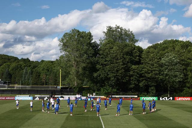 France's players take part in training session at Bentley University in Waltham, near Boston, on June 20, 2026, during the 2026 World Cup football tournament. (Photo by Franck FIFE / AFP)