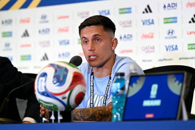 Uruguay's midfielder #18 Brian Rodriguez gives an MD-1 press conference at the Miami Stadium in Miami Gardens on June 20, 2026, on the eve of the 2026 World Cup Group H football match between Uruguay and Cape Verde. (Photo by CHANDAN KHANNA / AFP)
