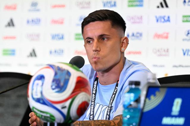 Uruguay's midfielder #18 Brian Rodriguez gestures as he gives an MD-1 press conference at the Miami Stadium in Miami Gardens on June 20, 2026, on the eve of the 2026 World Cup Group H football match between Uruguay and Cape Verde. (Photo by CHANDAN KHANNA / AFP)