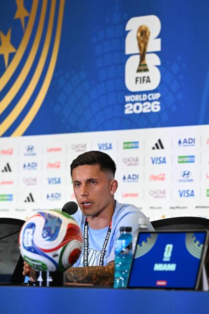 Uruguay's midfielder #18 Brian Rodriguez gives an MD-1 press conference at the Miami Stadium in Miami Gardens on June 20, 2026, on the eve of the 2026 World Cup Group H football match between Uruguay and Cape Verde. (Photo by CHANDAN KHANNA / AFP)