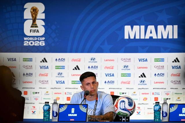 Uruguay's midfielder #18 Brian Rodriguez gives an MD-1 press conference at the Miami Stadium in Miami Gardens on June 20, 2026, on the eve of the 2026 World Cup Group H football match between Uruguay and Cape Verde. (Photo by CHANDAN KHANNA / AFP)