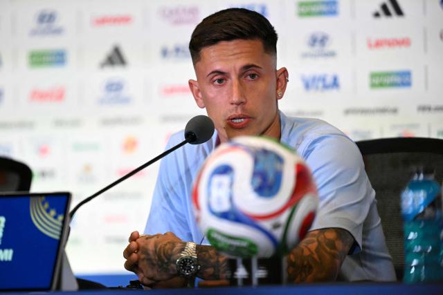 Uruguay's midfielder #18 Brian Rodriguez gives an MD-1 press conference at the Miami Stadium in Miami Gardens on June 20, 2026, on the eve of the 2026 World Cup Group H football match between Uruguay and Cape Verde. (Photo by CHANDAN KHANNA / AFP)