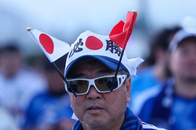 A Japanese fan arrives to the 2026 World Cup Group F football match between Tunisia and Japan at the Monterrey Stadium in Guadalupe, Mexico, on June 20, 2026.  (Photo by Julio Cesar AGUILAR / AFP)