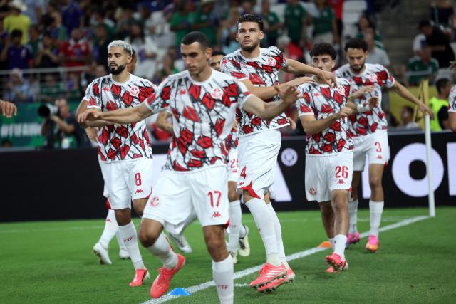 Tunisian players warm up before the start of the 2026 World Cup Group F football match between Tunisia and Japan at the Monterrey Stadium in Guadalupe, Mexico, on June 20, 2026. (Photo by Julio Cesar AGUILAR / AFP)