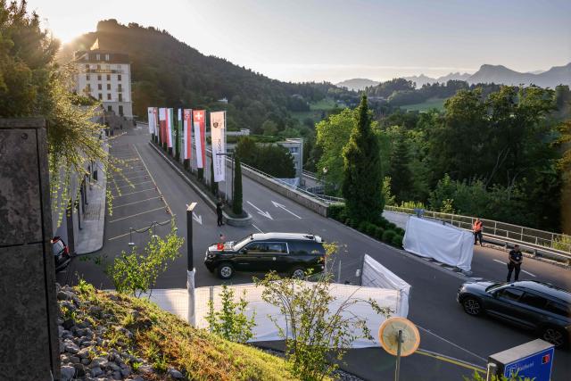 The motorcade transporting US Vice President JD Vance arrives at the Burgenstock luxury hotel complex overlooking Lake Lucerne, Switzerland, on June 21, 2026, ahead of high-level talks aimed at advancing a deal to end the Middle East conflict. A new round of negotiations over the Middle East war was set to kick off on June 21, 2026 with Iranian negotiators arriving in the Swiss host city hours ahead of US Vice President JD Vance, even as Tehran said it was closing the Strait of Hormuz again over Israeli attacks in Lebanon. (Photo by Fabrice COFFRINI / AFP)