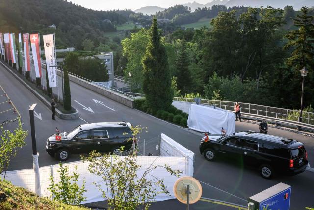 The motorcade transporting US Vice President JD Vance arrives at the Burgenstock luxury hotel complex overlooking Lake Lucerne, Switzerland, on June 21, 2026, ahead of high-level talks aimed at advancing a deal to end the Middle East conflict. A new round of negotiations over the Middle East war was set to kick off on June 21, 2026 with Iranian negotiators arriving in the Swiss host city hours ahead of US Vice President JD Vance, even as Tehran said it was closing the Strait of Hormuz again over Israeli attacks in Lebanon. (Photo by Fabrice COFFRINI / AFP)