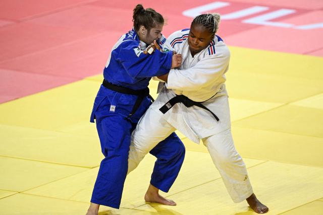 Romane Dicko of France (white) and Helena Vucovic of Croatia compete in their women’s +78 kg semifinal at the Judo Ulaanbaatar Grand Slam in Ulaanbaatar on June 21, 2026. (Photo by ADEK BERRY / AFP)