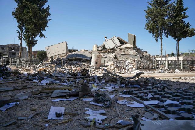 This picture shows heavily damaged buildings at the site of Lebanon's central bank building that was targeted in an Isreali strike the previous day in the southern Lebanese city of Nabatieh on June 21, 2026. (Photo by Abbas FAKIH / AFP) / 