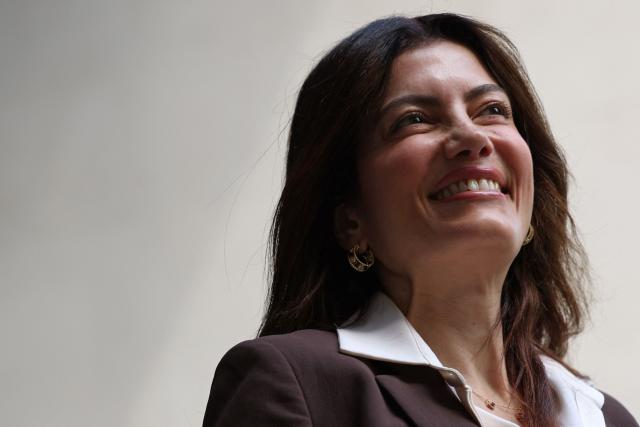 Reform UK's London Mayoral candidate Laila Cunningham smiles outside the BBC in central London on June 21, 2026, after appearing on the BBC's 'Sunday' political television show. (Photo by Adrian Dennis / AFP)