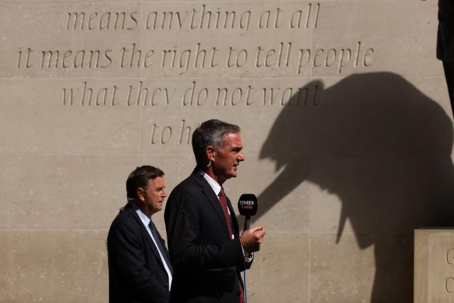 Britain's Business Secretary Peter Kyle (R) and Britain's main opposition Conservative Party Shadow Chancellor of the Exchequer, Mel Stride (L) speak to members of the media outside the BBC in central London on June 21, 2026, after appearing on the BBC's 'Sunday' political television show, amid reports that Britain's Prime Minister Keir Starmer is planning to announce his resignation. (Photo by Adrian Dennis / AFP)