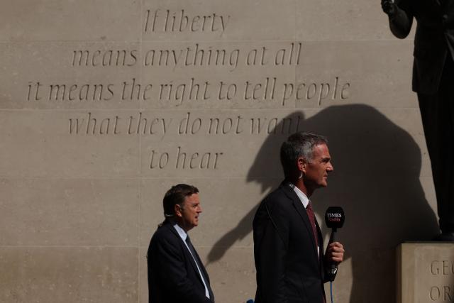 Britain's Business Secretary Peter Kyle (R) and Britain's main opposition Conservative Party Shadow Chancellor of the Exchequer, Mel Stride (L) speak to members of the media outside the BBC in central London on June 21, 2026, after appearing on the BBC's 'Sunday' political television show, amid reports that Britain's Prime Minister Keir Starmer is planning to announce his resignation. (Photo by Adrian Dennis / AFP)