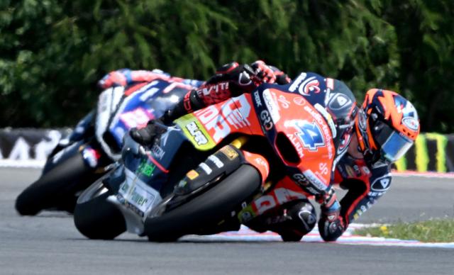 Team MT Helmets - MSi's Ivan Ortola races to win the Moto2 event prior to the MotoGP Grand Prix of Czechia in Brno, Czech Republic, on June 21, 2026. (Photo by Michal Cizek / AFP)