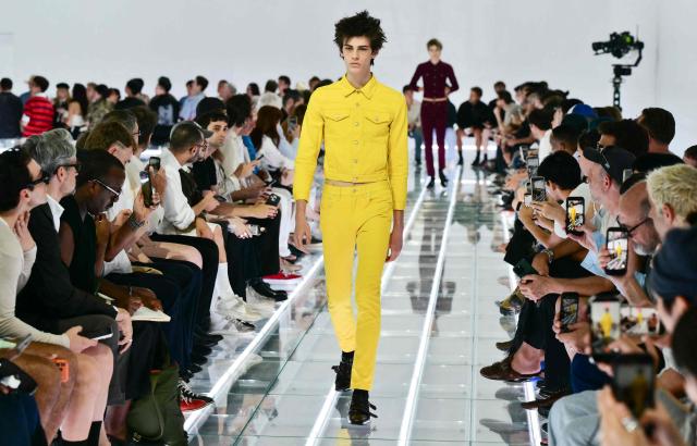 A model walks the runway during the Prada collection show as part of Spring/Summer 2027 men's collection at Milan Fashion Week, on June 21, 2026. (Photo by Stefano RELLANDINI / AFP)