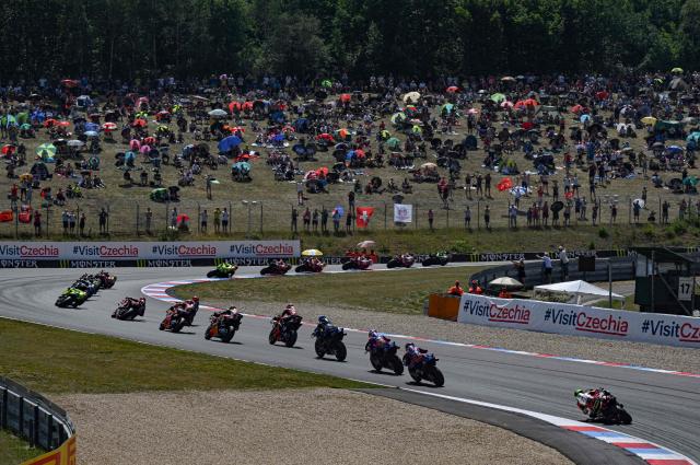 Riders compete during the MotoGP Grand Prix of Czechia in Brno, Czech Republic, on June 21, 2026. (Photo by Michal Cizek / AFP)