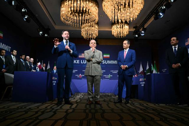 (L to R) US Vice President JD Vance speaks next to Pakistan's Prime Minister  Shehbaz Sharif, Qatar's Prime Minister Sheikh Mohammed bin Abdulrahman bin Jassim al-Thani and Pakistan's Chief of Army Staff Field Marshal Asim Munir during a quadrilateral meeting between the United States, Iran, Pakistan and Qatar at the Burgenstock luxury hotel complex overlooking Lake Lucerne, Switzerland, on June 21, 2026, as part of high-level talks aimed at advancing a deal to end the Middle East conflict. A new round of negotiations over the Middle East war was set to kick off on June 21, 2026 with Iranian negotiators arriving in the Swiss host city hours ahead of US Vice President JD Vance, even as Tehran said it was closing the Strait of Hormuz again over Israeli attacks in Lebanon. (Photo by Fabrice COFFRINI / POOL / AFP)