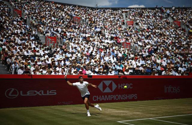 Argentina's Francisco Cerundolo returns to US player Tommy Paul during the men's singles final tennis match on day six of the ATP HSBC Championships at Queen's Club in west London on June 21, 2026. (Photo by Henry NICHOLLS / AFP)