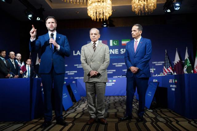 US Vice President JD Vance (L) makes an opening statement next to Pakistan's Prime Minister Shehbaz Sharif (C) and Qatar's Prime Minister and Minister for Foreign Affairs Sheikh Mohammed bin Abdulrahman bin Jassim Al-Thani at the start of a quadrilateral meeting between the United States, Iran, Pakistan and Qatar at the Burgenstock luxury hotel complex overlooking Lake Lucerne, Switzerland, on June 21, 2026, as part of high-level talks aimed at advancing a deal to end the Middle East conflict. A new round of negotiations over the Middle East war was set to kick off on June 21, 2026 with Iranian negotiators arriving in the Swiss host city hours ahead of US Vice President JD Vance, even as Tehran said it was closing the Strait of Hormuz again over Israeli attacks in Lebanon. (Photo by Nathan Howard / POOL / AFP)