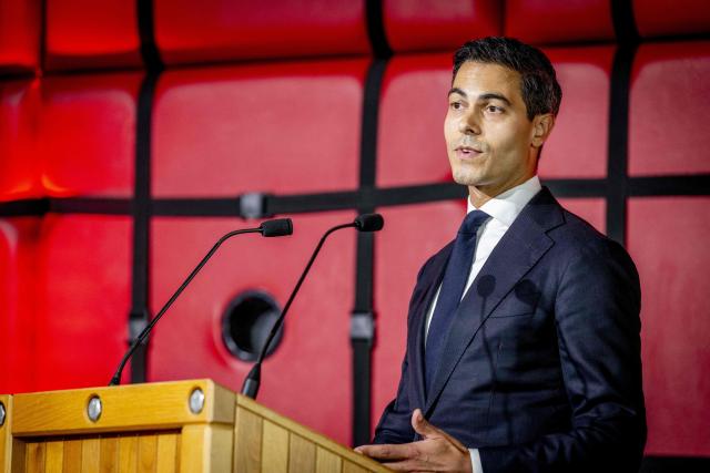 Netherlands' Prime Minister Rob Jetten delivers a speech ahead of the unveiling of a national monument at the Lloydkade for Moluccans during the commemoration of the Moluccan community that arrived there 75 years ago, in Rotterdam on June 21, 2026. In 1946, the first Moluccan men came to the Netherlands for training with the Royal Netherlands Navy, after which they served in active service in Amsterdam, as well as in Indonesia and other parts of the Kingdom. (Photo by Robin Utrecht / ANP / AFP) / Netherlands OUT