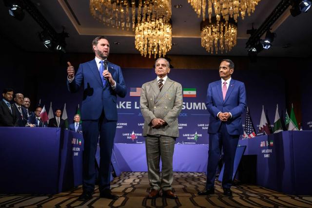 US Vice President JD Vance (L) speaks next to Pakistan's Prime Minister Shehbaz Sharif (C) and Qatar's Prime Minister and Minister for Foreign Affairs Sheikh Mohammed bin Abdulrahman bin Jassim Al-Thani at the start of a quadrilateral meeting between the United States, Iran, Pakistan and Qatar at the Burgenstock luxury hotel complex overlooking Lake Lucerne, Switzerland, on June 21, 2026, as part of high-level talks aimed at advancing a deal to end the Middle East conflict. A new round of negotiations over the Middle East war was set to kick off on June 21, 2026 with Iranian negotiators arriving in the Swiss host city hours ahead of US Vice President JD Vance, even as Tehran said it was closing the Strait of Hormuz again over Israeli attacks in Lebanon. (Photo by Fabrice Coffrini / POOL / AFP)